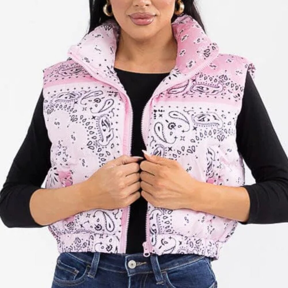 Sleeveless Zip Up Front Pocket Multi Print Paisley Bandana Vest - 36point5